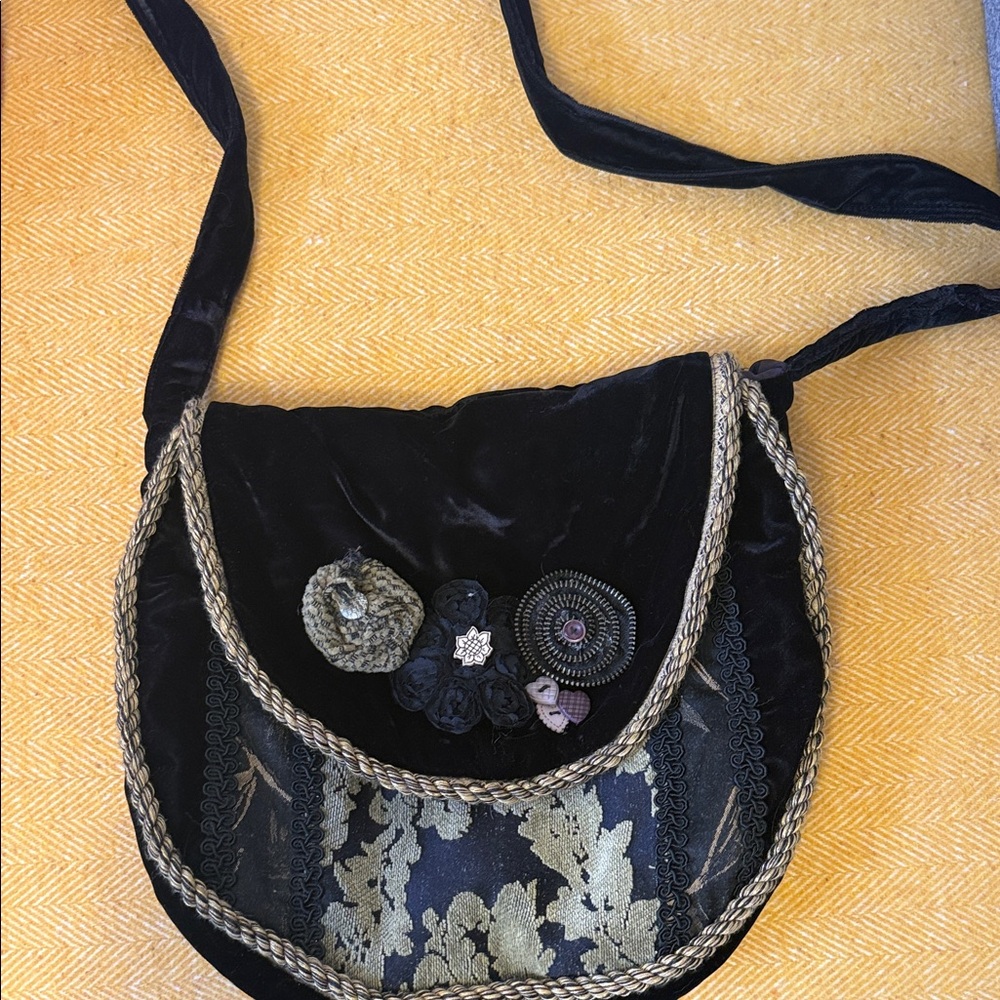 Hand Crafted Black Velvet and Gold Braid Embellished Shoulder Bag